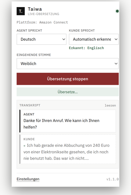 Taiwa popup showing the detected language