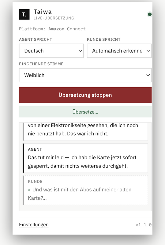 Taiwa popup showing the live transcript