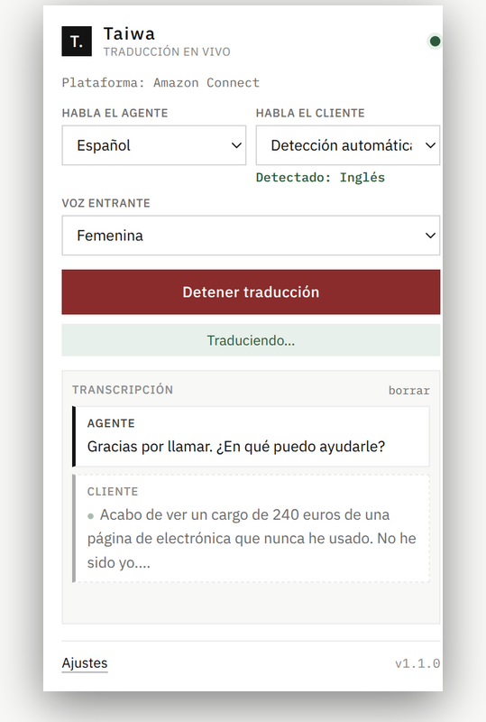 Taiwa popup showing the detected language