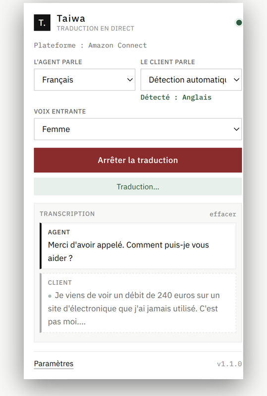 Taiwa popup showing the detected language