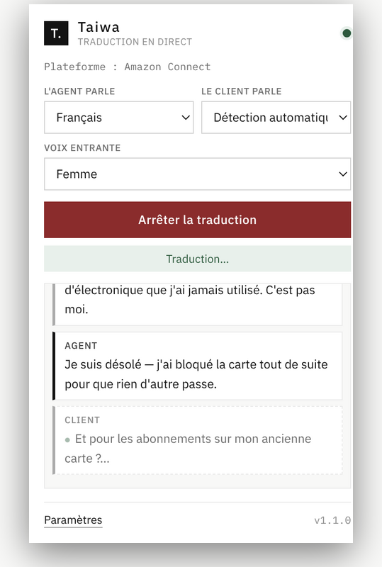 Taiwa popup showing the live transcript