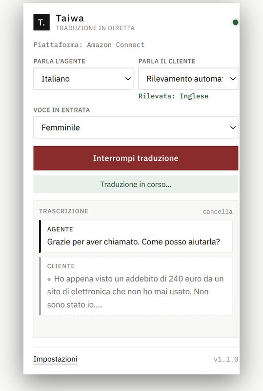 Taiwa popup showing the detected language