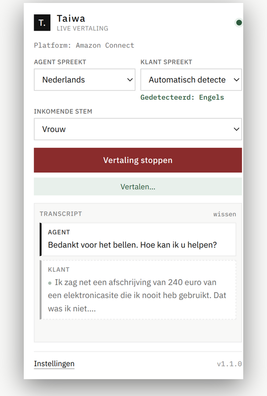Taiwa popup showing the detected language