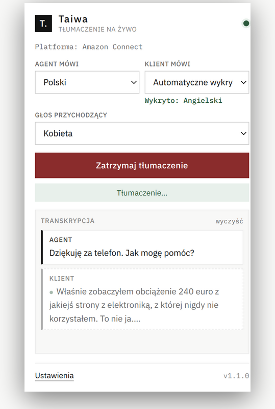 Taiwa popup showing the detected language
