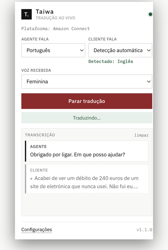 Taiwa popup showing the detected language
