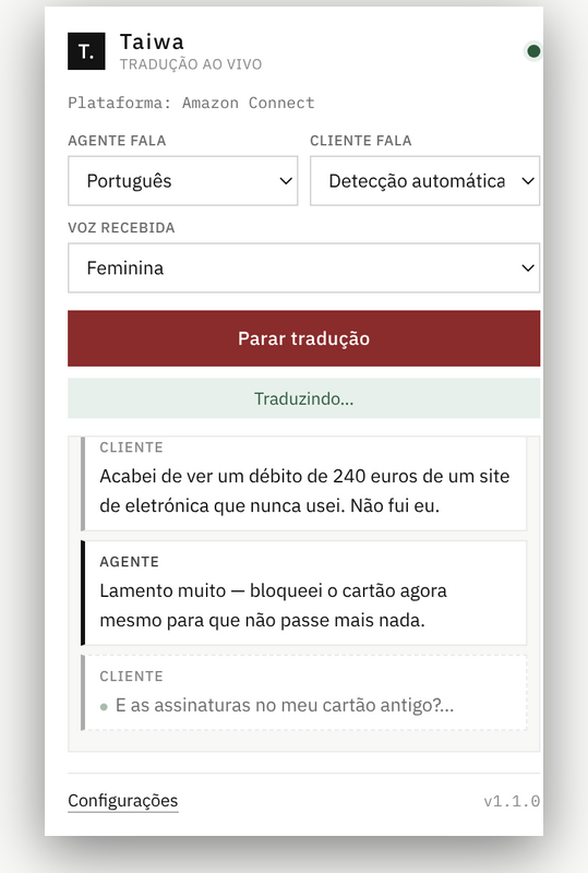 Taiwa popup showing the live transcript