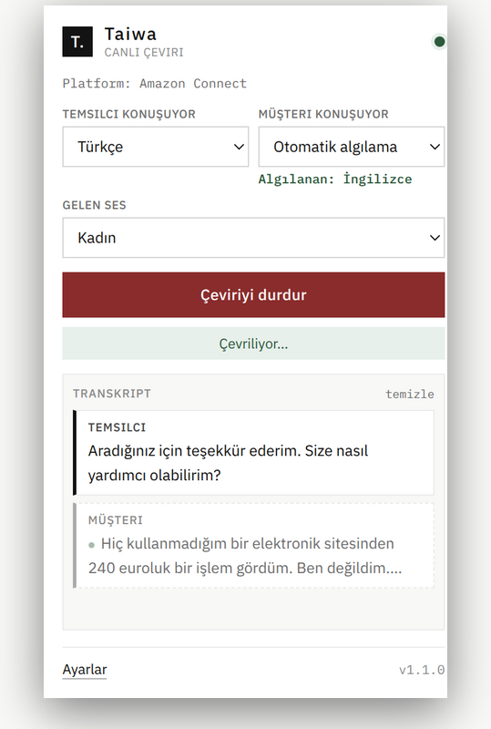 Taiwa popup showing the detected language